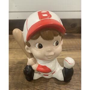 Vintage Handpainted Ceramic Boy with Baseball and Bat Red/White Sports Bedroom